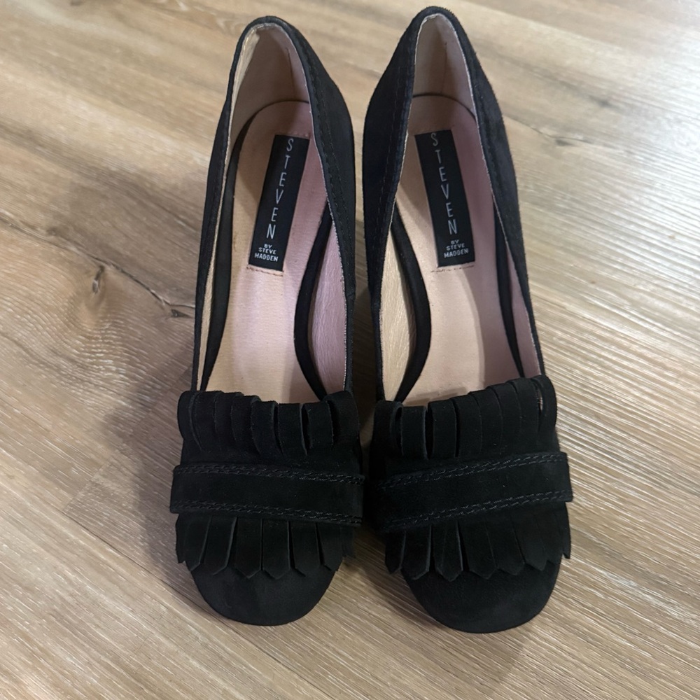 Steven By Steve Madden Black Suede Fringe Block Heels